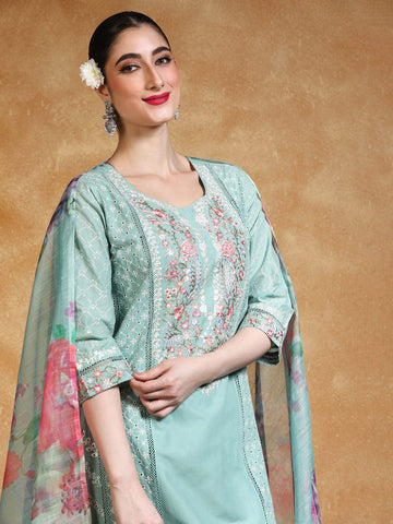 Varanga Women Thread Embroidered Kurta With Trouser & Floral Printed Dupatta